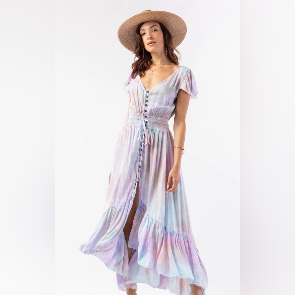 Tiare Hawaii New Moon Maxi Dress in Blue Teal Violet Smoke.
